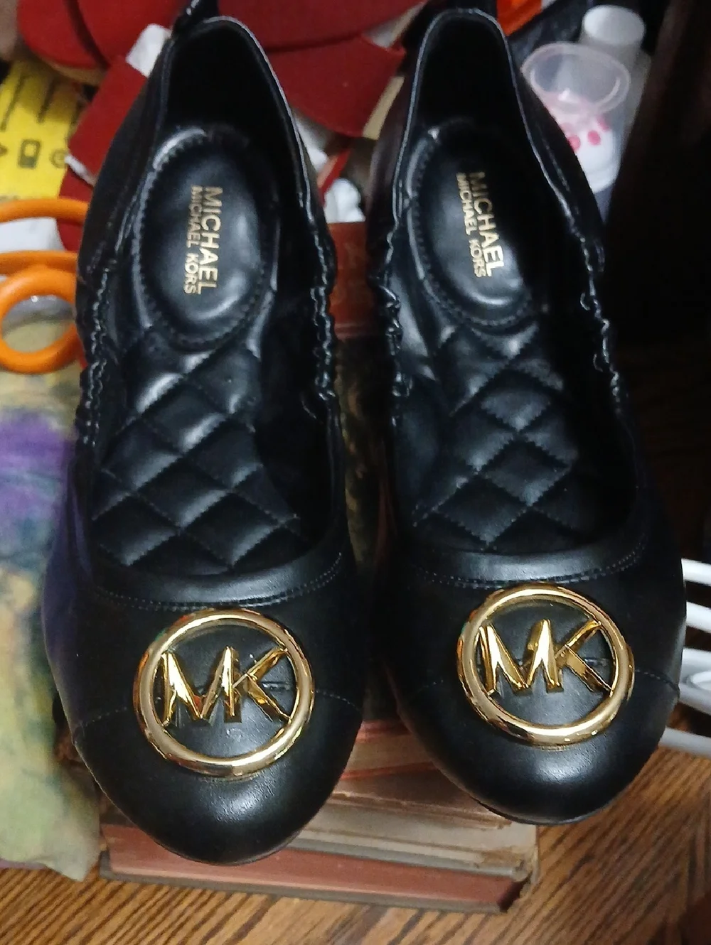Michael Kors‎ Black,vegan Leather Ballet Flats with Gold MK Medallions,sz7.5